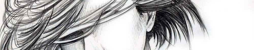Bleistift-Zeichnung einer Frau mit wehenden Haaren